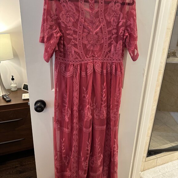 PinkBlush Magenta Lace Mesh Overlay Maternity Maxi Dress - Picture 5 of 5
